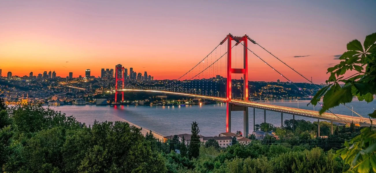 Bosphorus shoreline in Istanbul at sunset